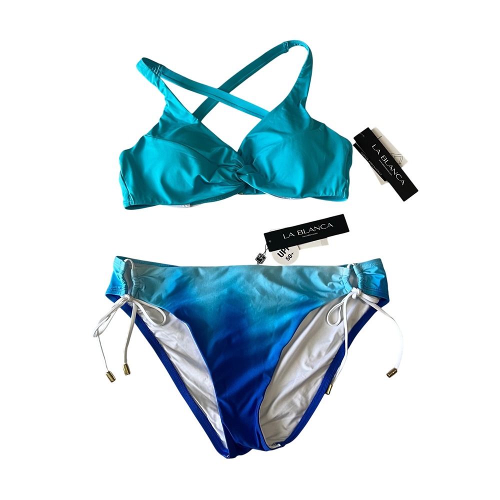 La Blanca Bikini Set Sz 10 Blue Ombre Twist Front UPF 50+ High Waist NWT